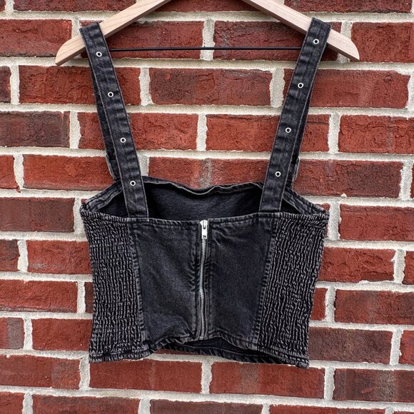 Zara Cropped Adjustable Buckle Top Small Black Denim Smocked Edgy Grunge - Picture 3 of 9
